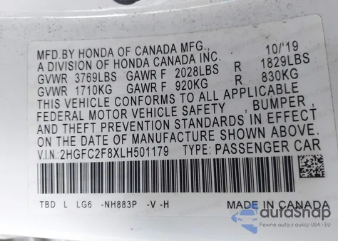 2020 Honda Civic Sport z USA, uszkodzony, nr VIN 2HGFC2F8XLH501179